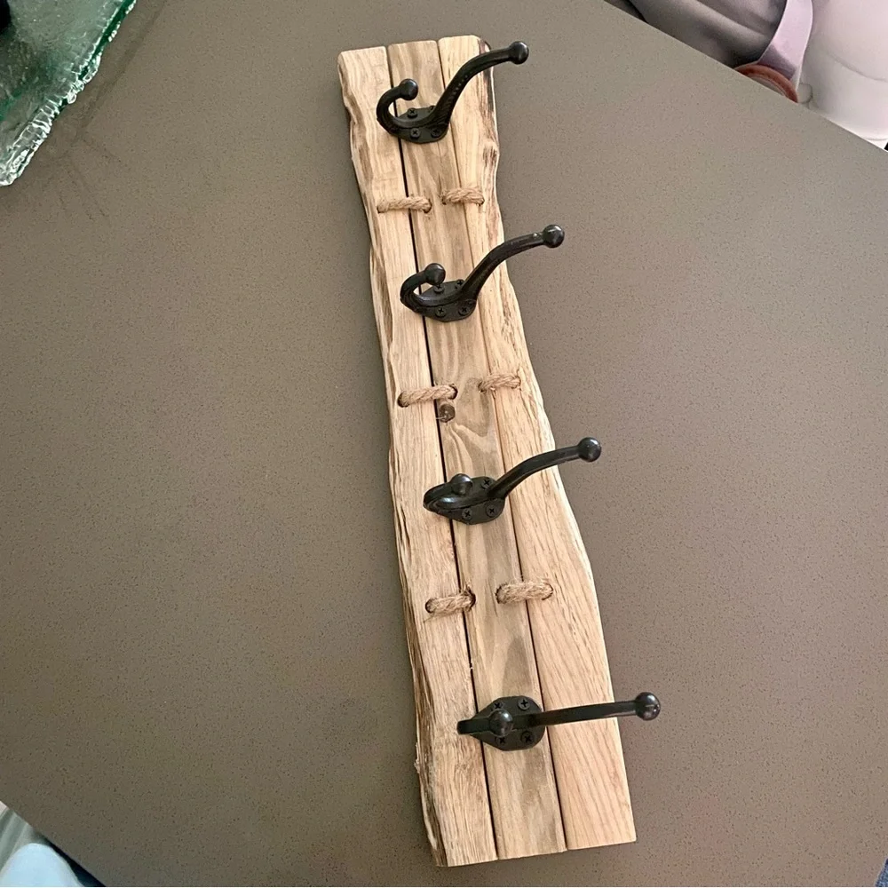 Hand Crafted Natural Live Edge Wood, w/5 Wrought Iron Hooks, & Jute rope.
